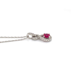 14K White Gold Ruby & Diamond Halo Necklace