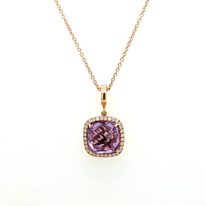 18K Rose Gold Lavender Amethyst Checkerboard Cushion And Diamond Halo Necklace