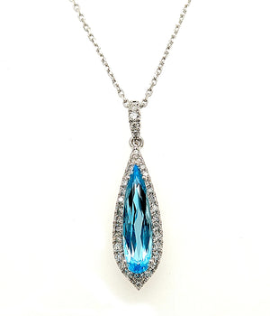 14K White Gold Blue Topaz & Diamond Halo Necklace