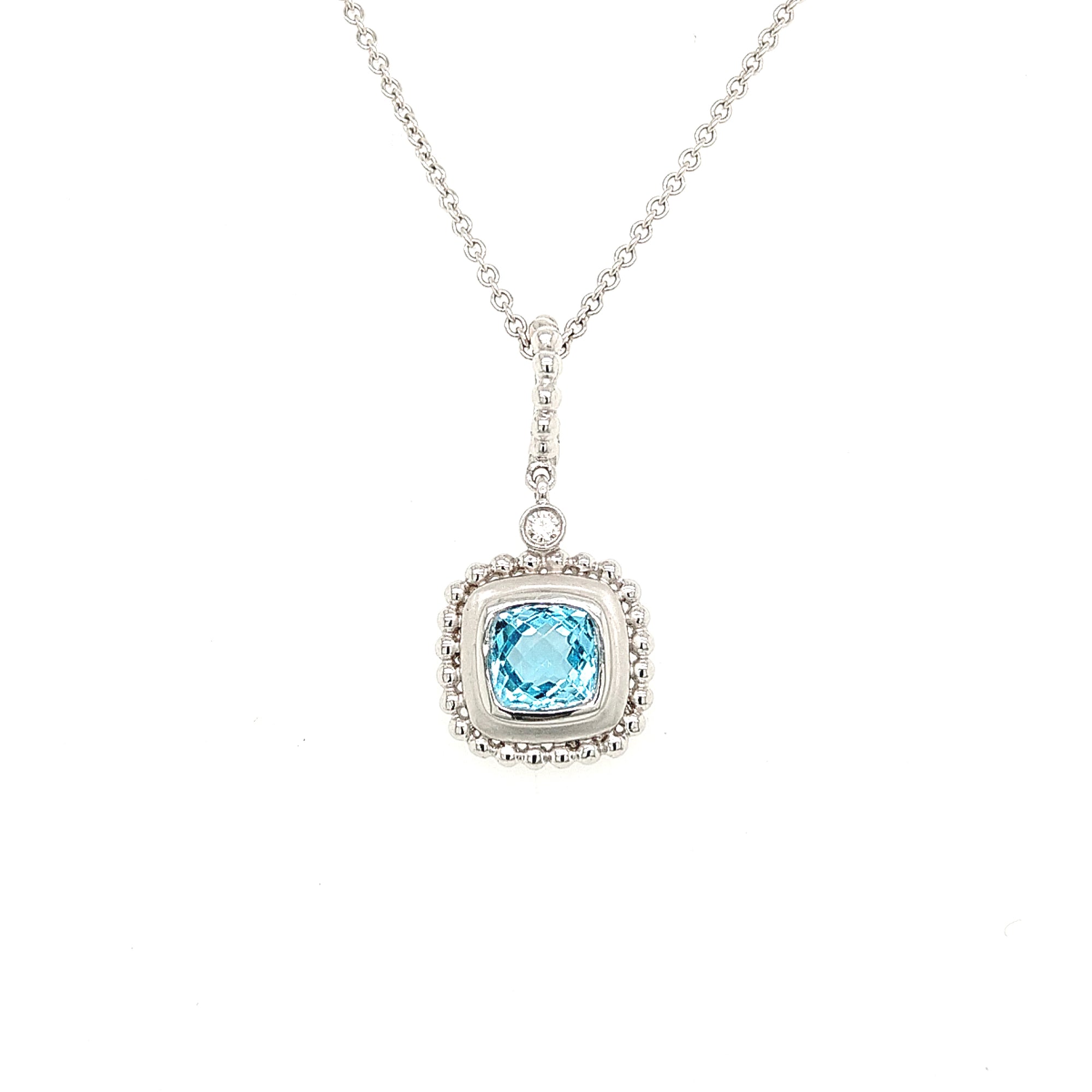 14K White Gold Cushion Blue Topaz & Diamond Necklace