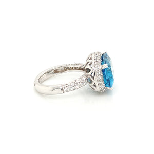 14K White Gold Swiss Blue Topaz & Pave Diamond Ring