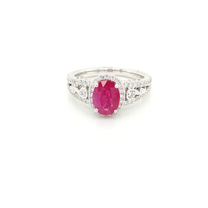 14K White Gold Ruby & Diamond Halo Vintage Style Ring