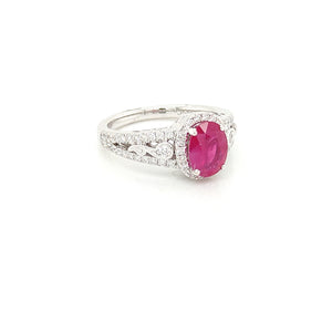 14K White Gold Ruby & Diamond Halo Vintage Style Ring