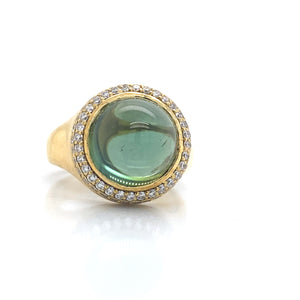 18K Yellow Gold Cabochon Green Tourmaline & Diamond Ring