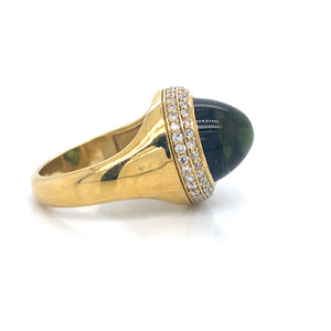 18K Yellow Gold Cabochon Green Tourmaline & Diamond Ring
