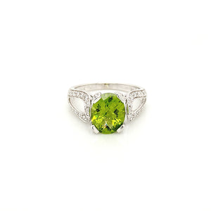 14K White Gold Oval Peridot & Split Shank Diamond Ring