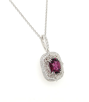 14K White Gold Rhodolite Garnet & Diamond Vintage Inspired Necklace