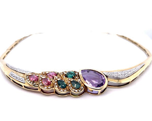 14K Yellow Gold Amethyst, Pink Tourmaline & Green Tourmaline Collar Necklace