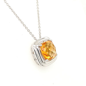 14K White Gold Citrine Cushion Necklace With Diamond Accents
