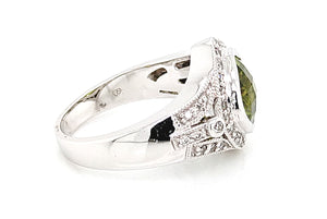 14K White Gold Bezel Set Peridot & Diamond Ring