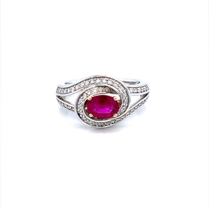 14K White Gold Oval Ruby & Diamond Twist Design Ring