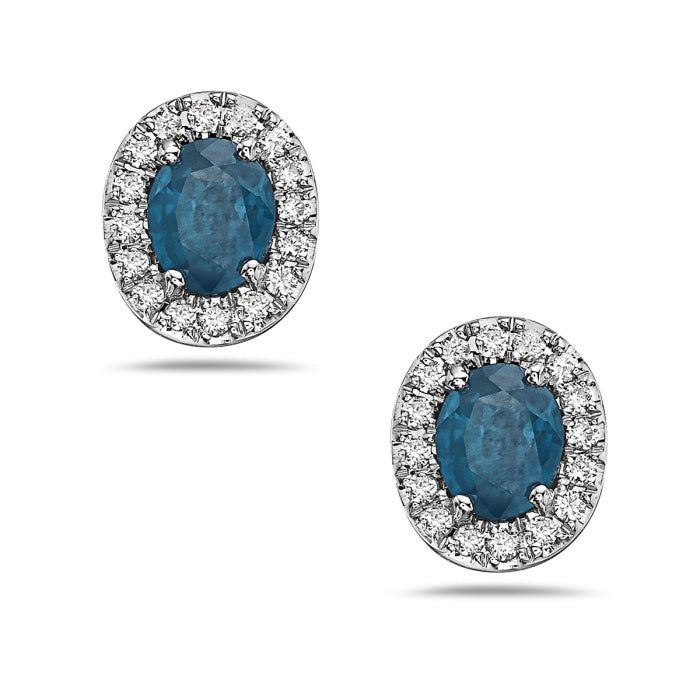 14K White Gold London Blue Topaz Diamond Halo Stud Earrings