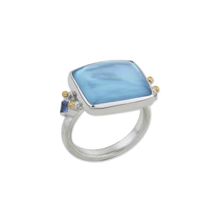 Lika Behar 24K & Sterling Silver “Kami” Ring with Cabochon Blue Topaz and Mother of Pearl Doublet