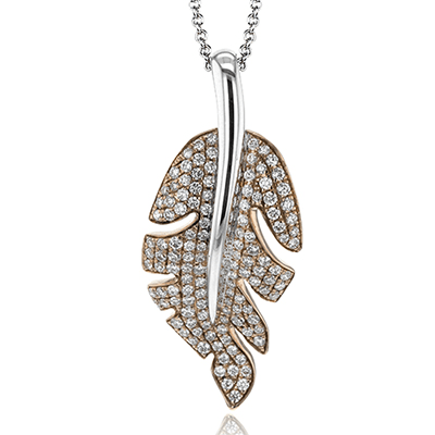 18K Rose & White Gold Feather Design Diamond Necklace by Simon G. Jewelry