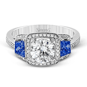 18K White Gold Diamond Engagement Ring with Side Sapphire Accents by Simon G. Jewelry