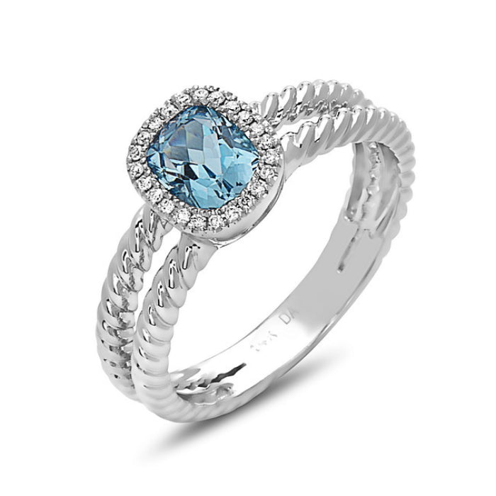14K White Gold Blue Topaz & Diamond Braided Split Ring