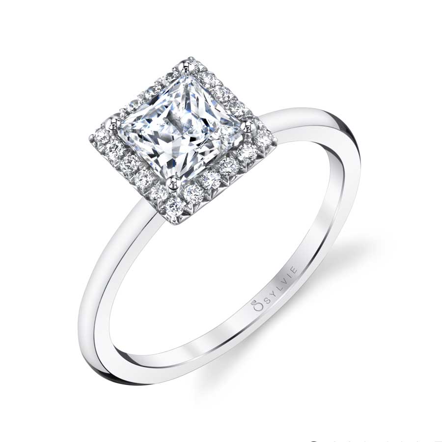 Sylvie 14K White Gold "Elsie" Princess Cut Diamond Halo Engagement Ring