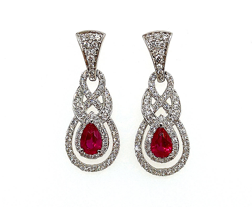 14K White Gold Ruby & Diamond Drop Earrings