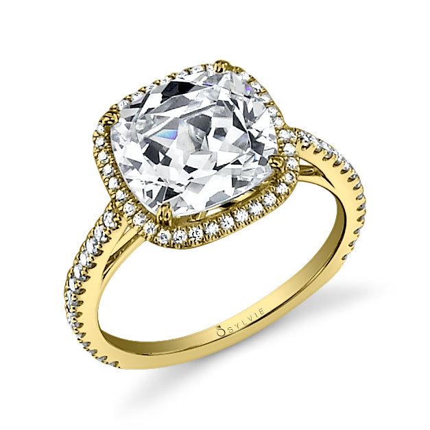 Sylvie 14K Yellow Gold "Angelika" Cushion Cut Halo Style Engagement Ring