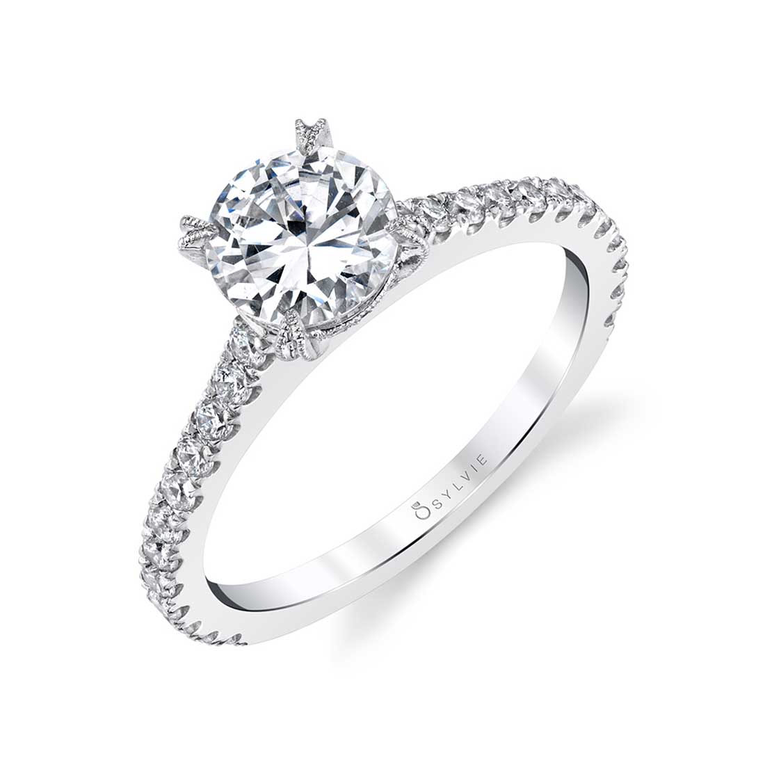 Sylvie 18K White Gold Diamond Engagement Ring with Diamond Encrusted Head