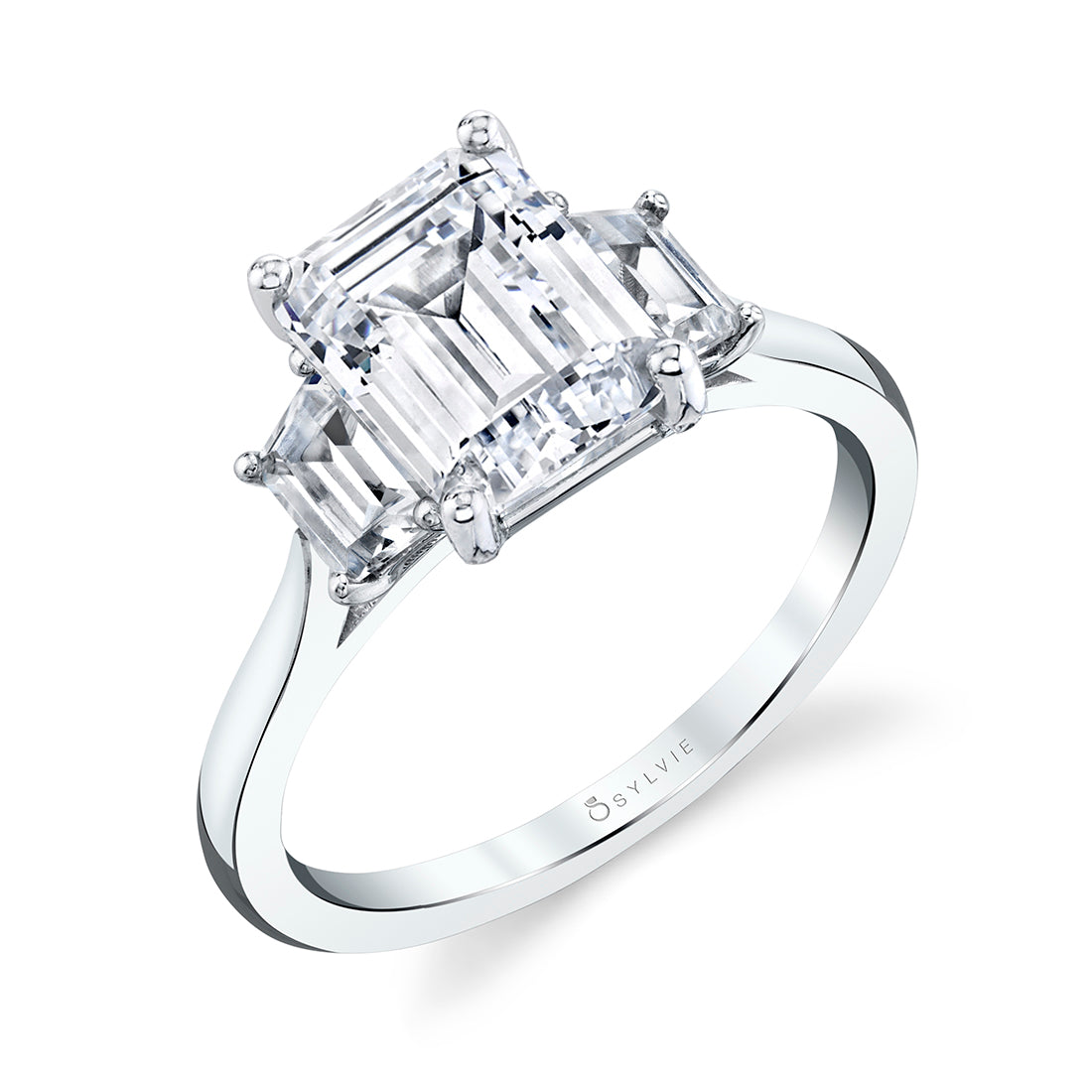 Sylvie 14K White Gold Three Stone Emerald Cut Engagement "Annalise" Ring