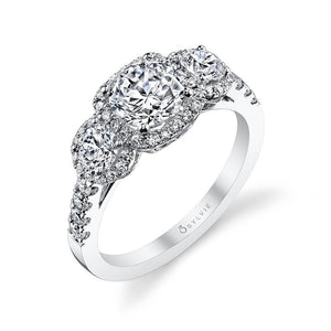 Sylvie 18K White Gold Three Stone Diamond Cushion Halo Engagement Ring