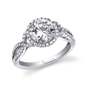 Sylvie 18K White Gold Twist Design Diamond Halo Engagement Ring