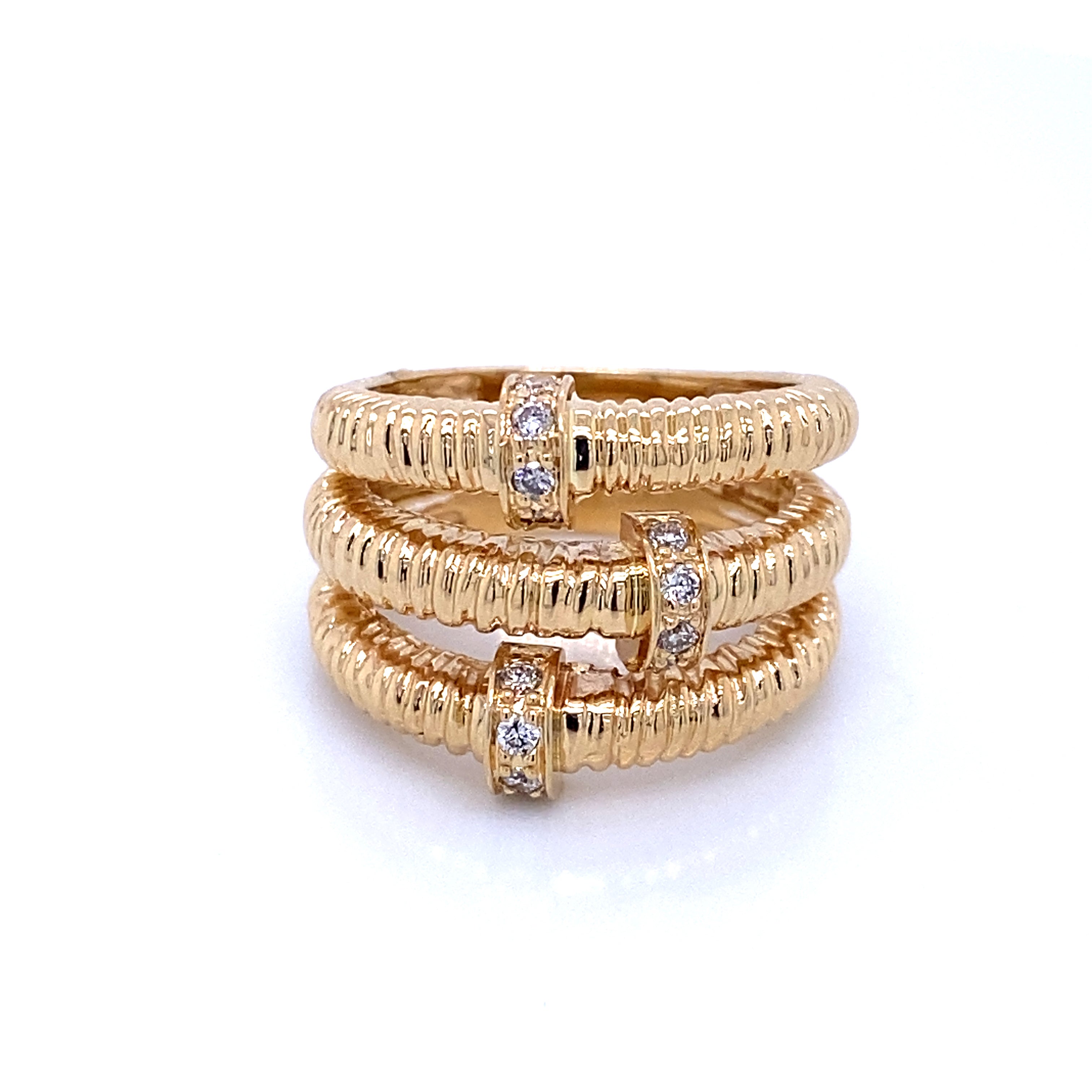14K Yellow Gold Diamond Three Row Textured Design Ring