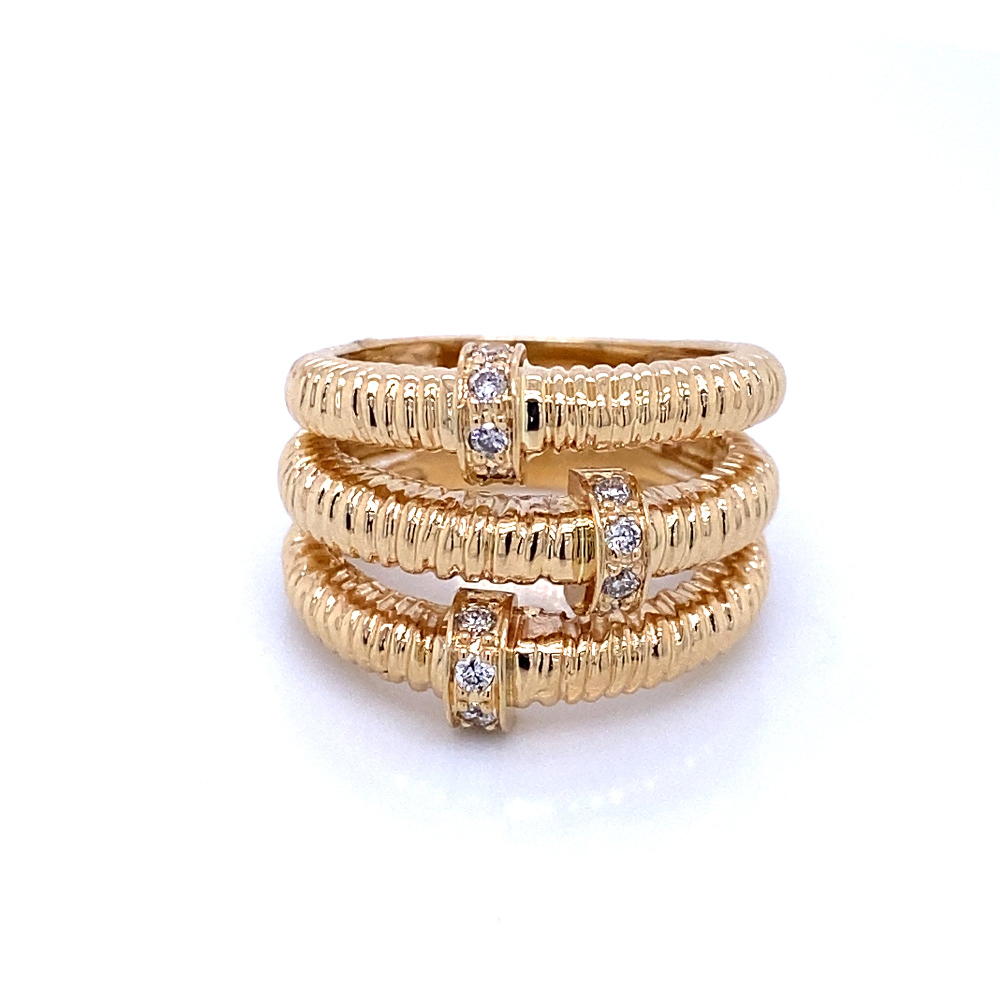 14K Yellow Gold Diamond Three Row Textured Design Ring
