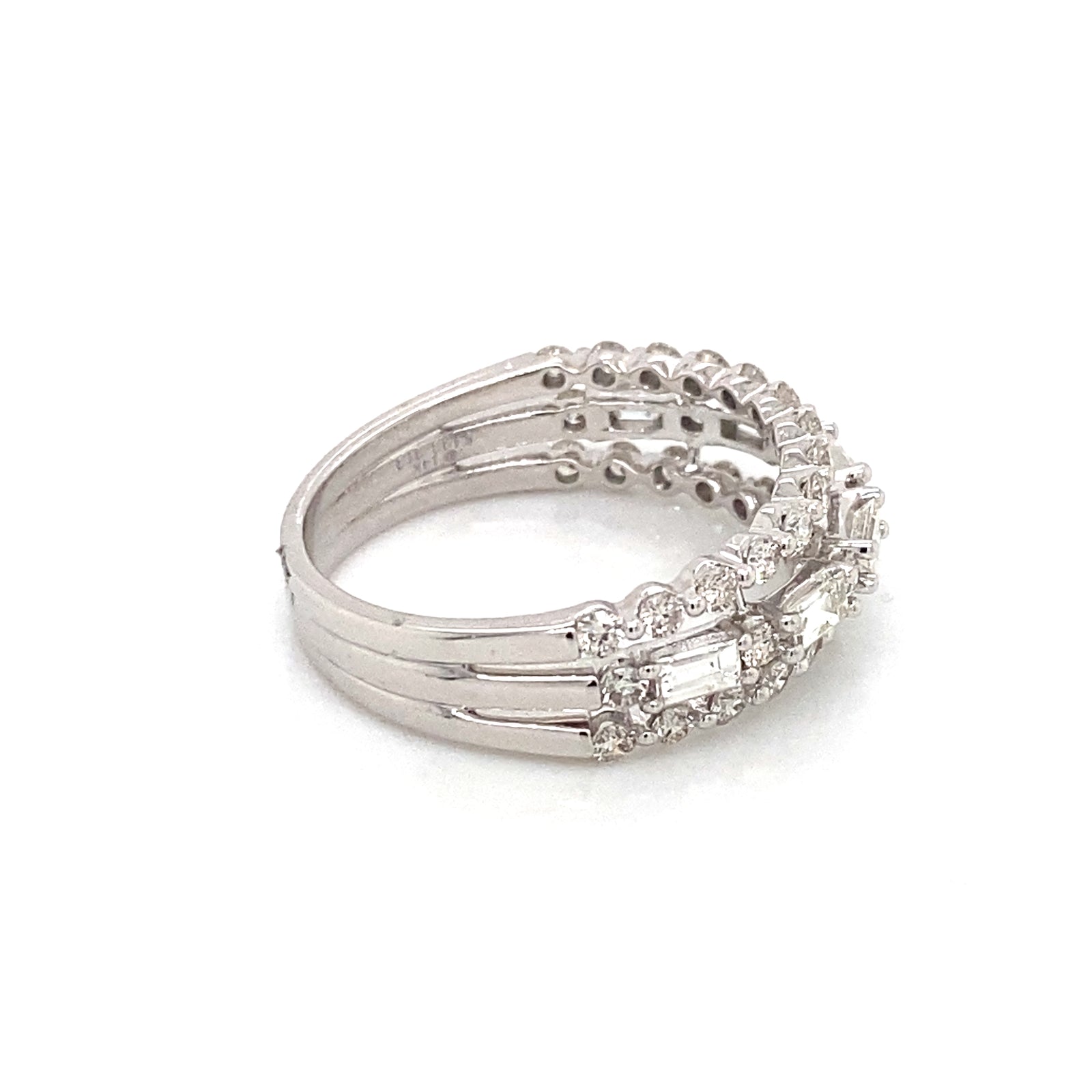 14K White Gold Three Row Baguette & Round Diamond Ring