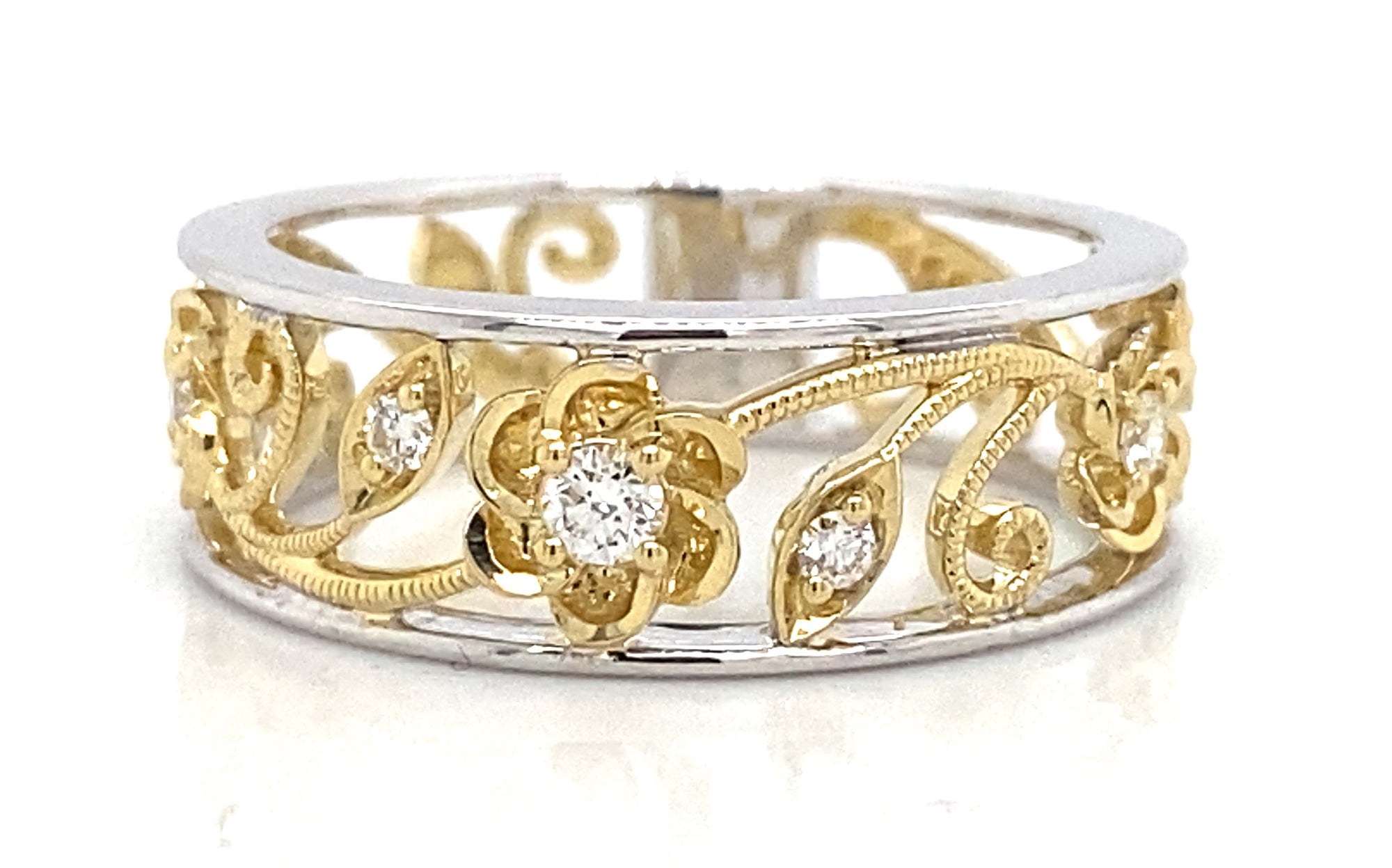 18K Yellow & White Gold Diamond Flower Design Eternity Ring by Simon G. Jewelry