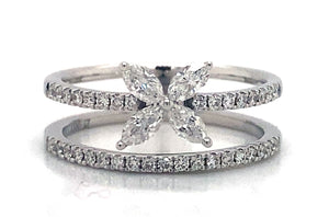 18K White Gold Marquise & Round Diamond Double Row Ring