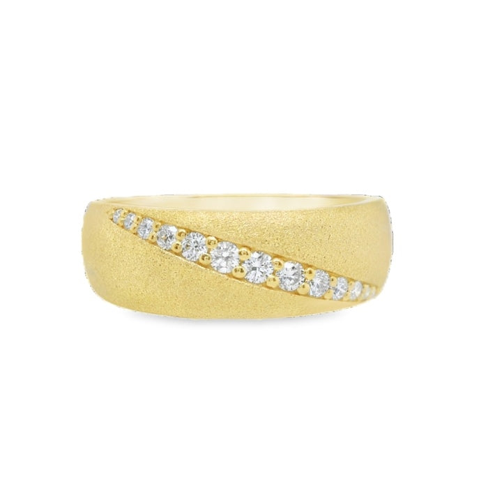 18K Yellow Gold Band Features A Satin Finish With A Diagonal Row Of Round Brilliant-Cut Diamonds