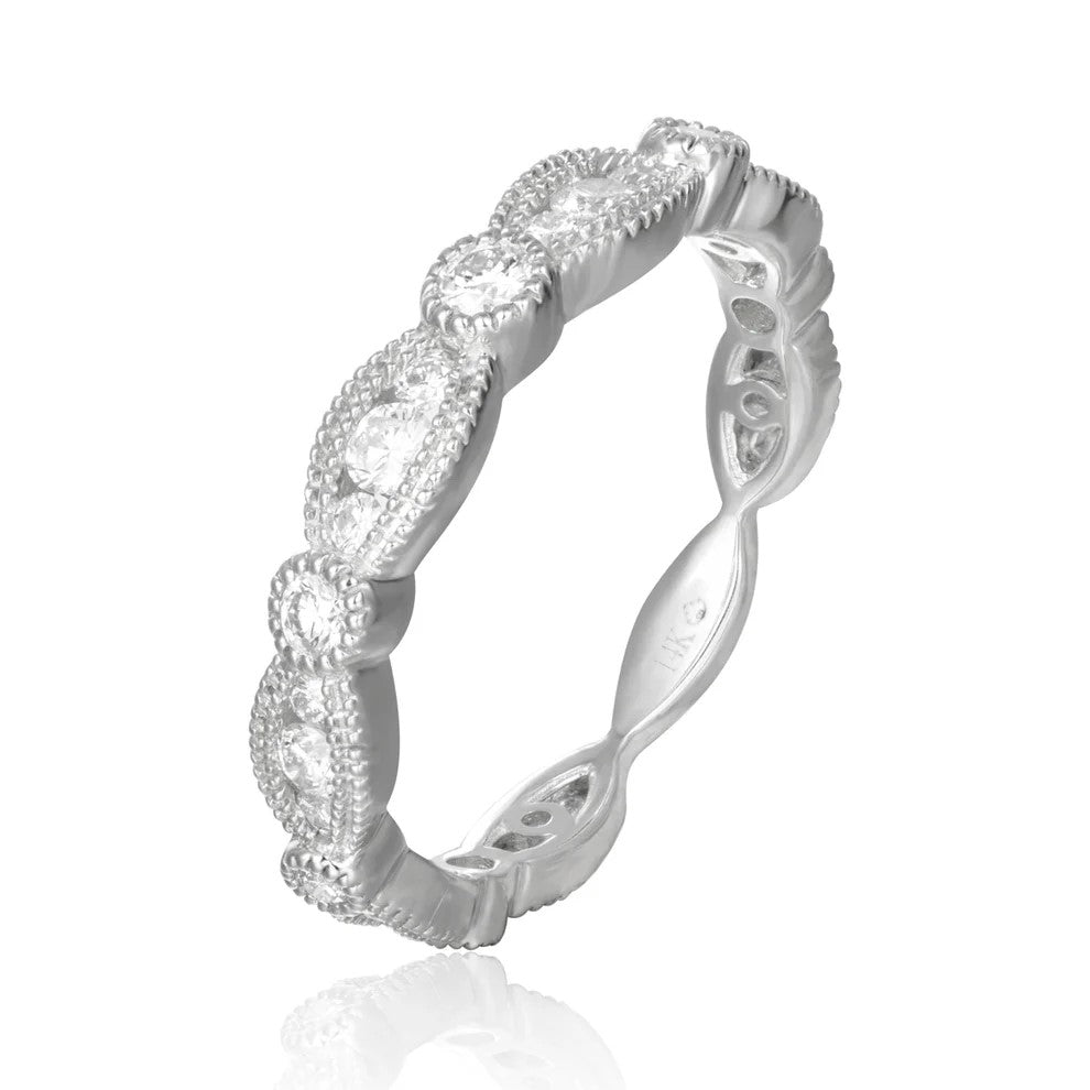 14K White Gold Diamond Bezel Ring with Milgrain Edges