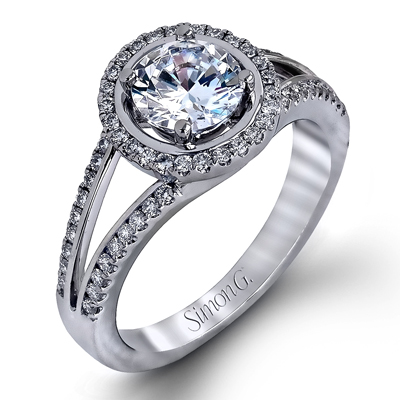 18K White Gold Split Shank Diamond Halo Engagement & Wedding Ring Set by Simon G. Jewelry