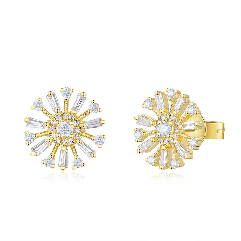 14K Yellow Gold Diamond Round & Baguette Cluster Stud Earrings