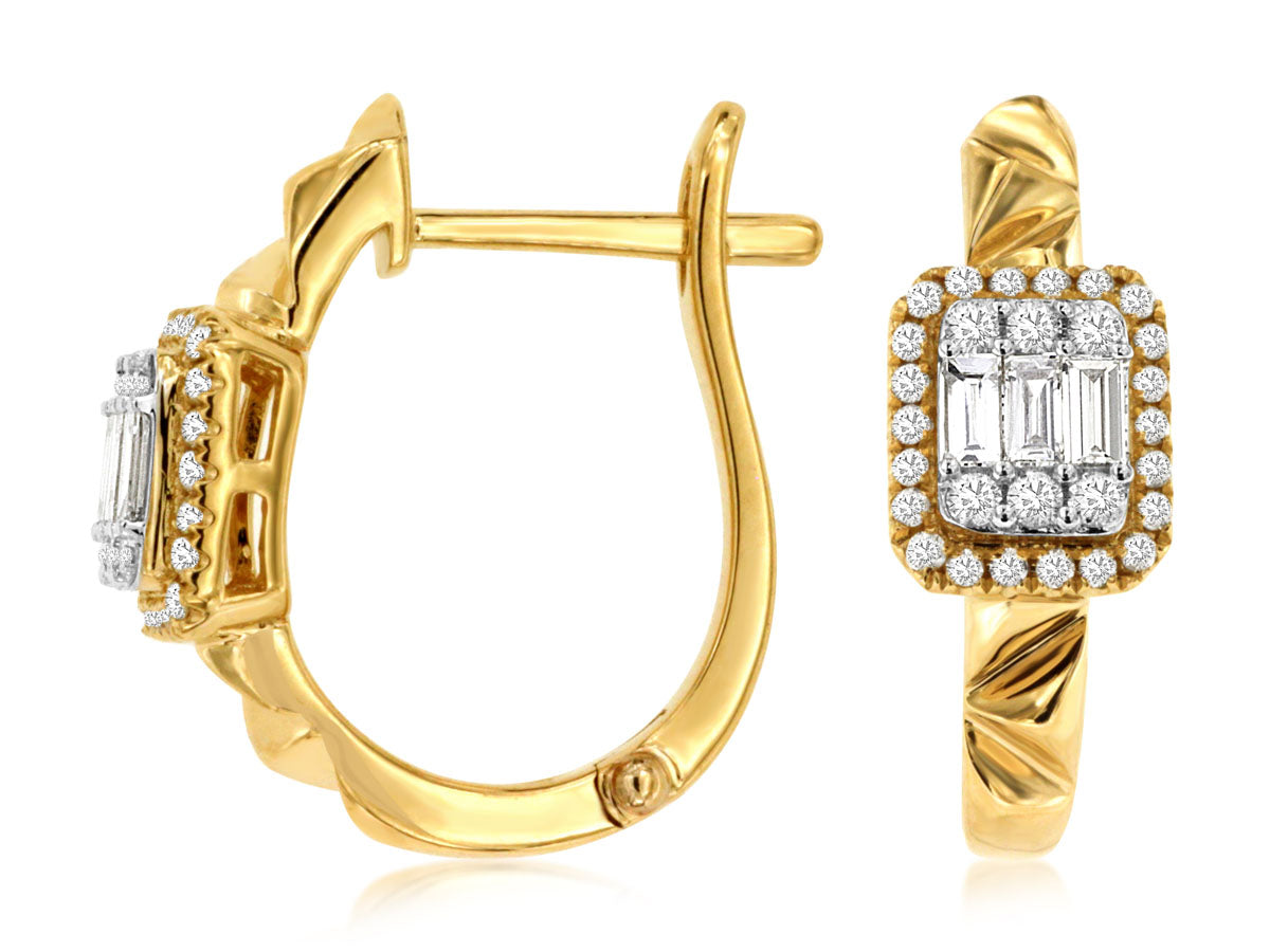 14K Yellow Gold Cluster Baguette & Round Diamond Huggie Earrings