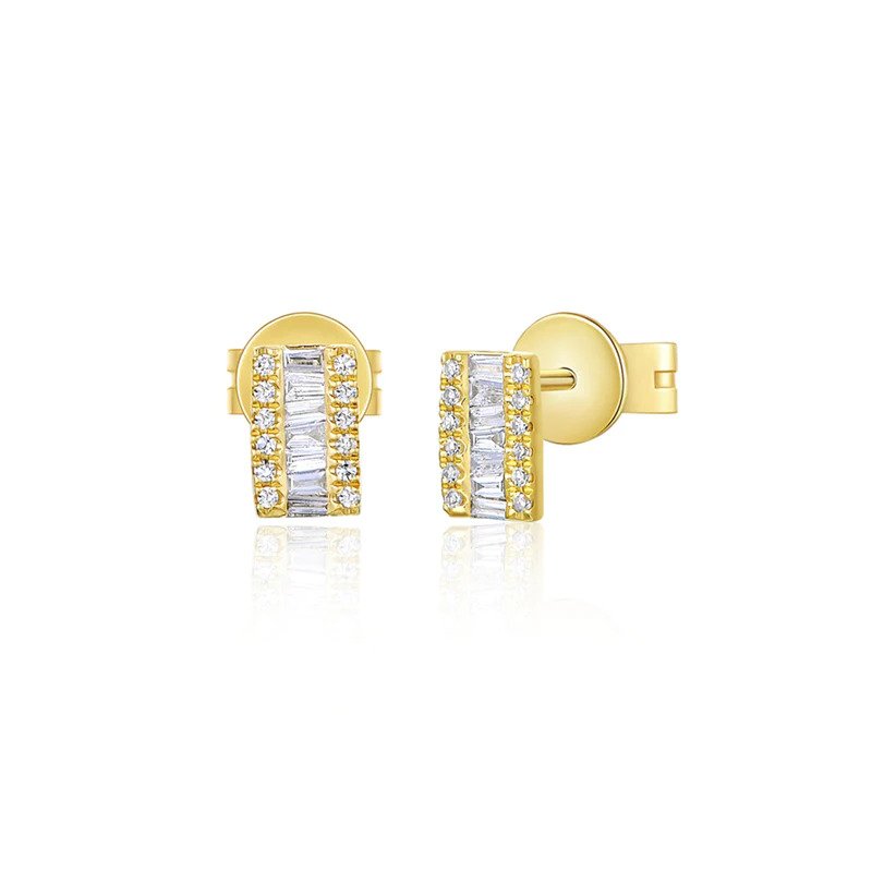 14K Yellow Gold Diamond Baguette & Round Stud Earrings