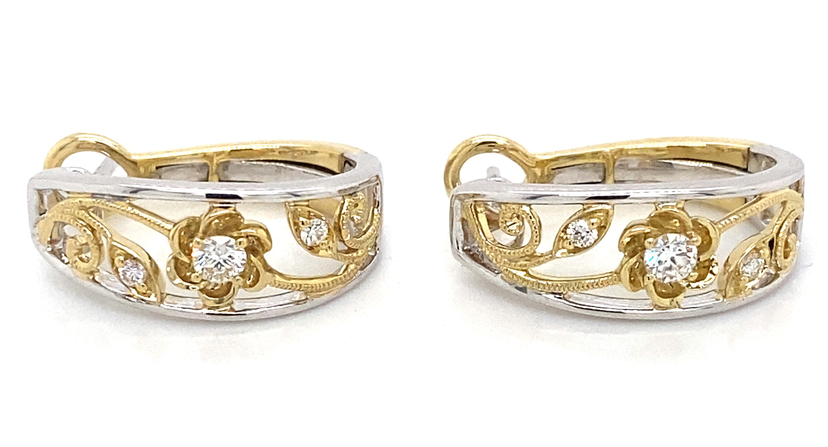 Simon G. Two Tone Diamond Floral Design Hoop Earrings