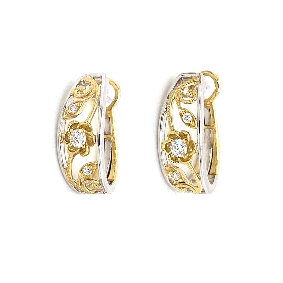 Simon G. Two Tone Diamond Floral Design Hoop Earrings