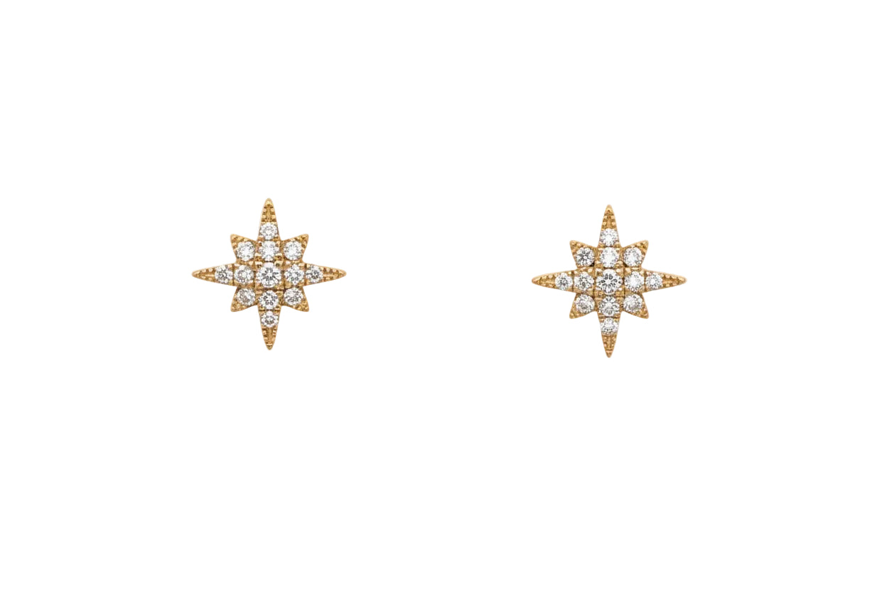 14K Yellow Gold Diamond Star Burst Stud Earrings