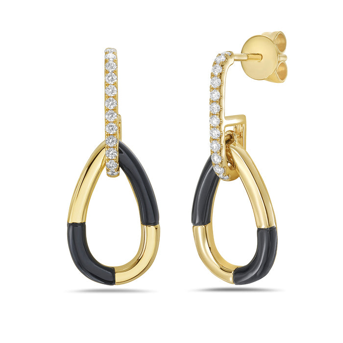 14K Yellow Gold Diamond & Black Agate Pear Hoop Earrings