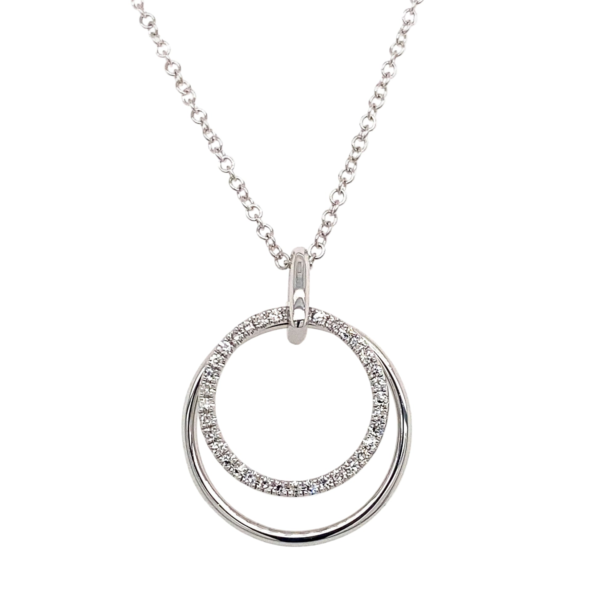 14K White Gold Diamond Double Circle Necklace