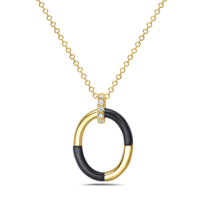 14K Yellow Gold Diamond & Black Agate Oval Necklace