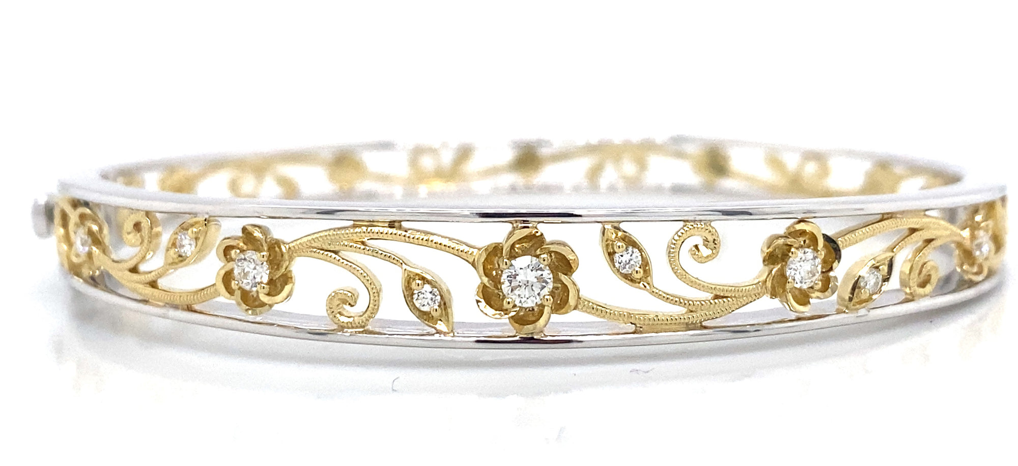 18K Yellow & White Gold Flower Design Diamond Bangle Bracelet by Simon G. Jewelry