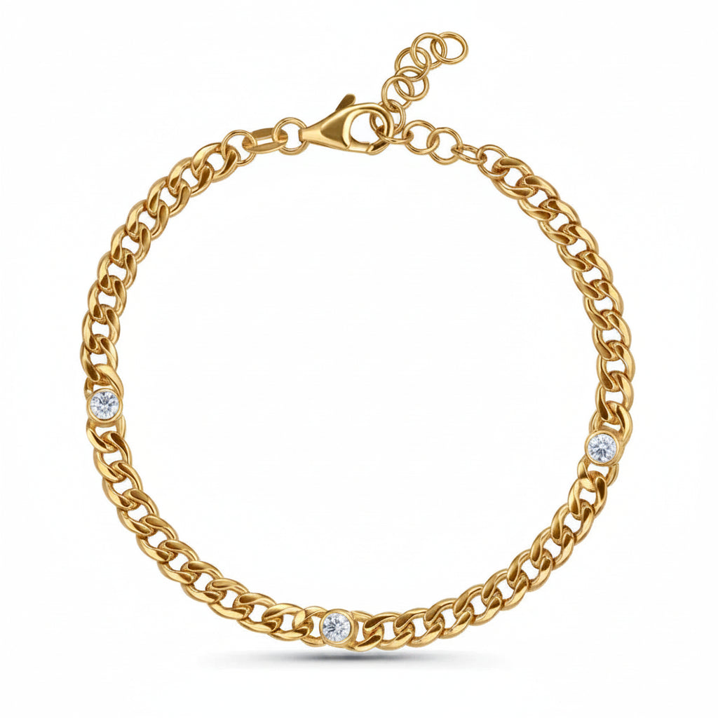 14K Yellow Gold Curb Link Bracelet with Bezel Set Diamonds