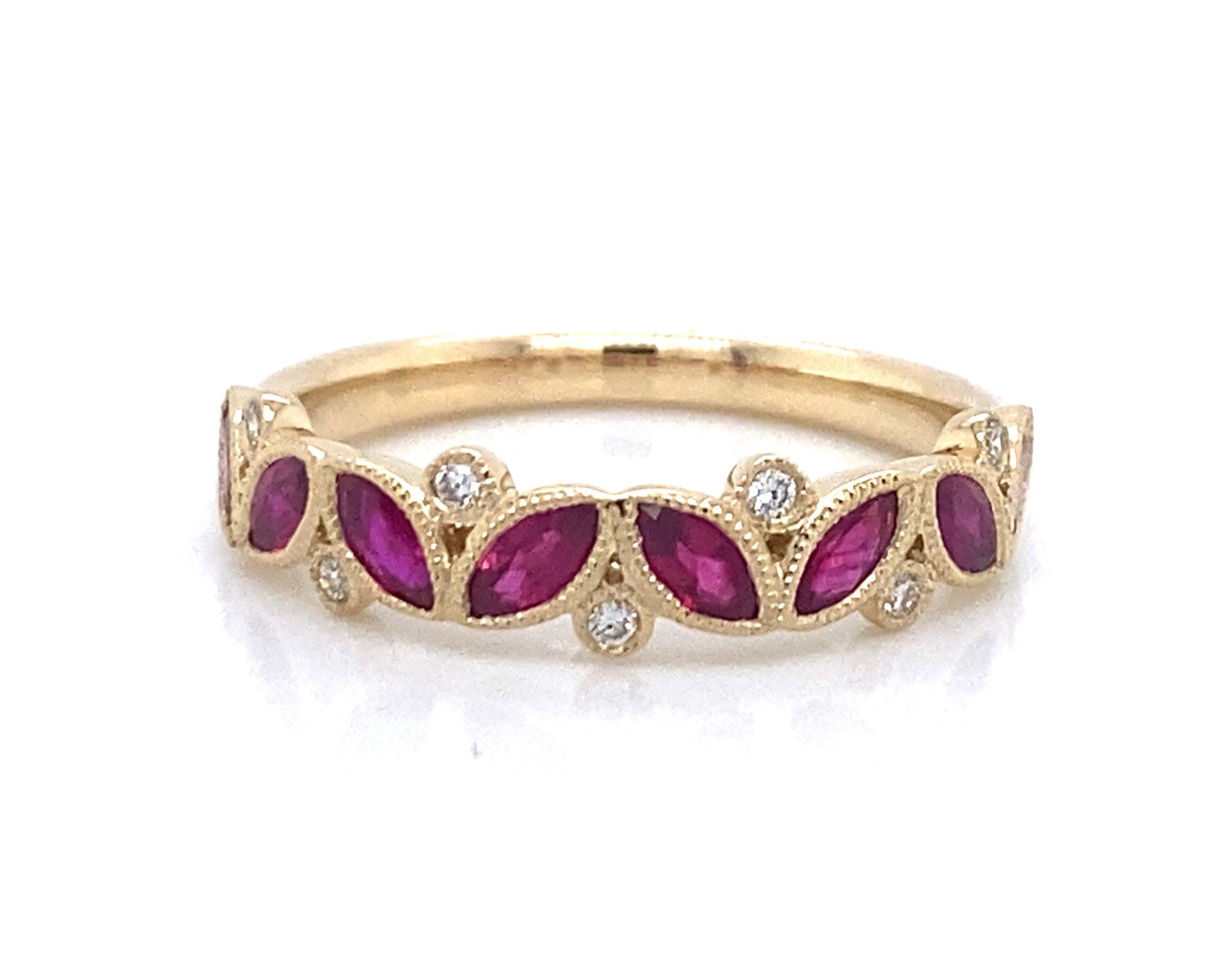 14K Yellow Gold Marquise Cut Ruby & Round Diamond Bezel Ring