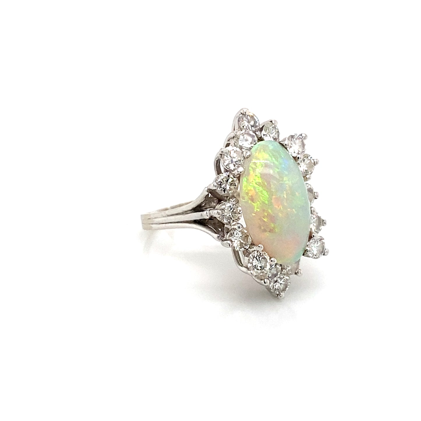 14K White Gold Marquise Shape Opal & Round Diamond Cluster Ring