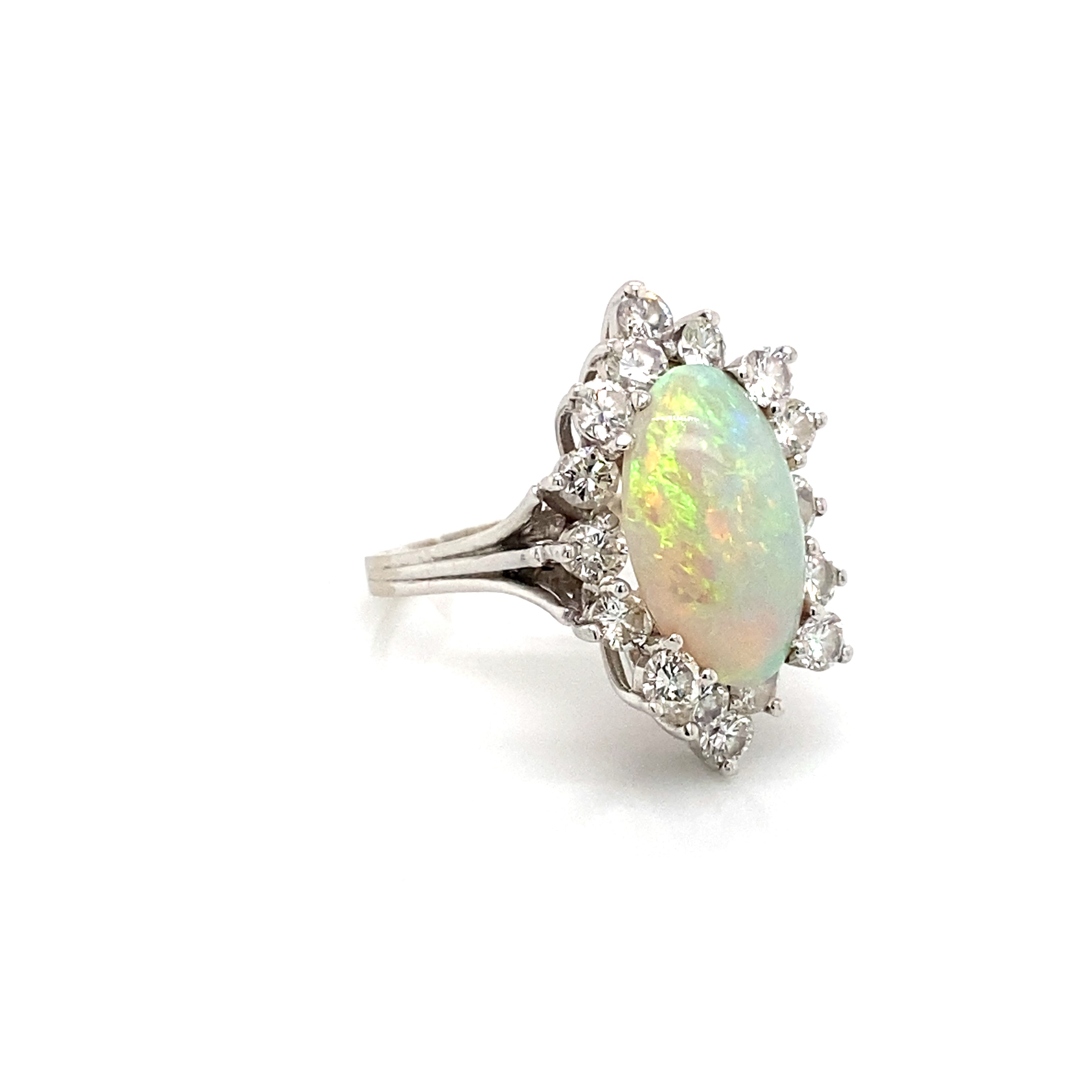 14K White Gold Marquise Shape Opal & Round Diamond Cluster Ring
