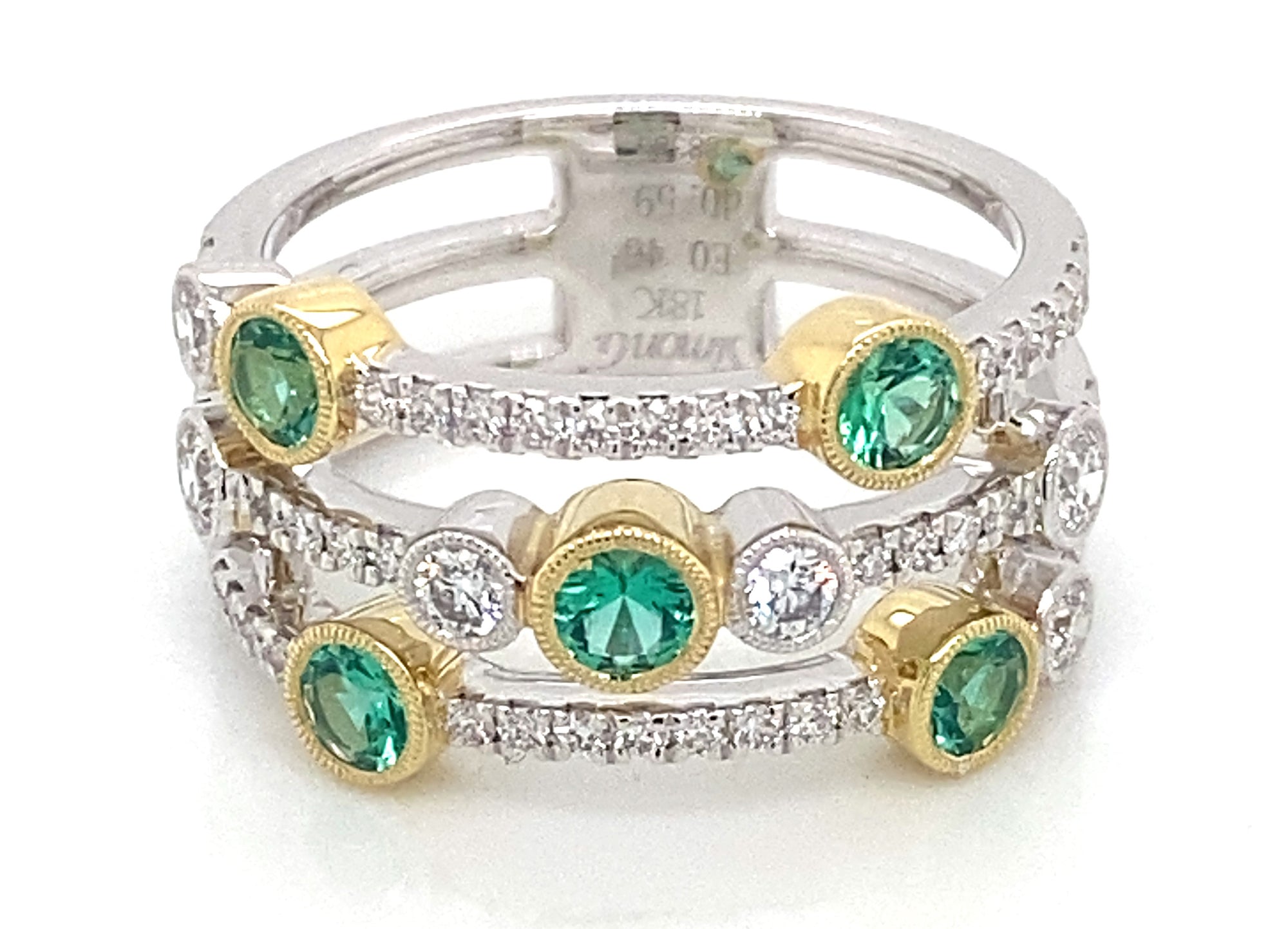 18K White & Yellow Gold Emerald and Diamond 3 Row Ring by Simon G. Jewelry